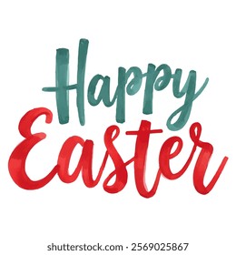 "Happy Easter" hand-lettered in a vibrant watercolor style with a combination of teal and red lettering. 