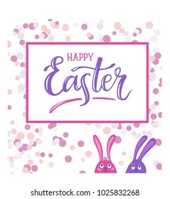 Happy Easter. Hand-lettering typography poster with modern brush calligraphy and cute easter bunnies. Vector illustration. Design for greeting cards, t-shirts, decoration, prints and web.