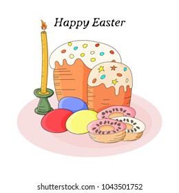 Happy easter, handmade, candle, cake and eggs. For postcards, banners, decor.