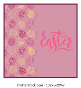 Happy Easter handmade lettering, calligraphy for banner, poster, greeting card or celebration design. Vector illustration. Spring holiday. April. Seamless pattern background. Hand sketched. EPS 10