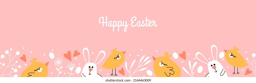 Happy Easter. A hand-painted holiday banner with a place for text. Traditional Easter symbols on a pink background. Rabbit, eggs, chickens. Horizontal poster, greeting card, website title.