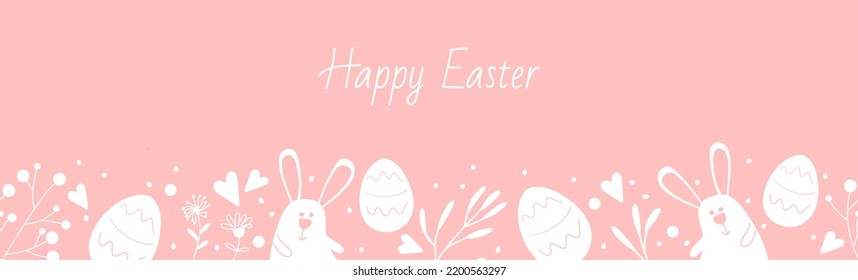 Happy Easter. A hand-painted holiday banner with a place for text. Traditional Easter symbols are a rabbit and eggs on a pink background. Horizontal poster, greeting card, website title.