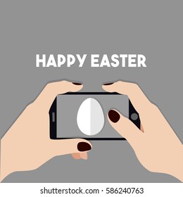 Happy Easter. Hands holding mobile phone and sending egg icon. Hand drawn vector flat illustration, 