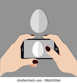 Happy Easter. Hands holding mobile phone and taking photo of egg. Top view.  Hand drawn vector flat illustration. Instagram blogger. 