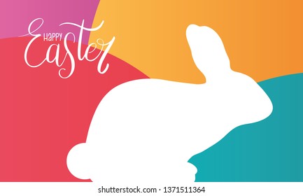 Happy Easter handwriting calligraphy and easter bunny on color background. Lettering. Design for holiday greeting card, invitation, poster, banner. Vector illustration