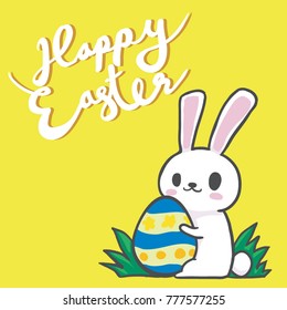Happy Easter handwriting calligraphy and Bunny Holding Easter Eggs on yellow background 