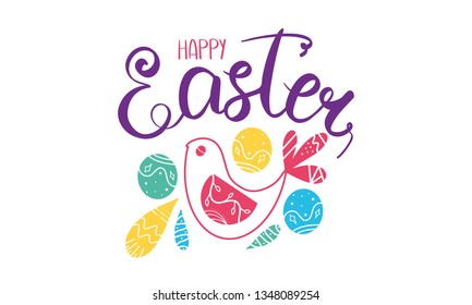 Happy Easter handwriting calligraphy. Lettering, easters eggs, bird and decorative elements. Design for holiday greeting card, invitation, poster, banner or background. Vector illustration 