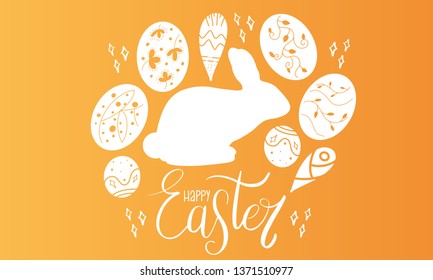 Happy Easter handwriting calligraphy on color background. Easter bunny, lettering, easters eggs, and decorative elements. Design for holiday greeting card, invitation, poster, banner. Vector illustrat
