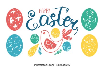 Happy Easter handwriting lettering. Calligraphy, easters eggs, bird and decorative elements. Easter Sunday and Monday. Design for holiday greeting card, invitation, poster, banner or background