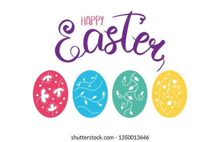 Happy Easter handwriting lettering. Calligraphy, easters eggs and decorative elements. Easter Sunday and Monday. Design for holiday greeting card, invitation, poster, banner or background. Vector