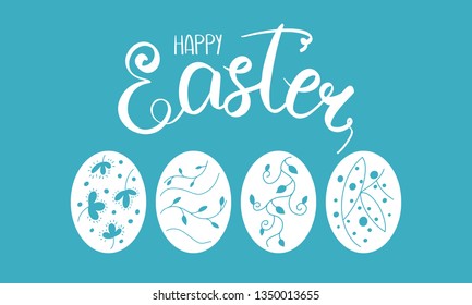 Happy Easter handwriting lettering. Calligraphy, easters eggs and decorative elements. Easter Sunday and Monday. Design for holiday greeting card, invitation, poster, banner or background. Vector