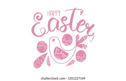 Happy Easter handwriting lettering. Calligraphy, easters eggs, bird and decorative elements. Design for holiday greeting card, invitation, poster, banner or background