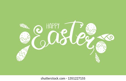 Happy Easter handwriting lettering. Calligraphy, easters eggs, bird and decorative elements. Design for holiday greeting card, invitation, poster, banner or background