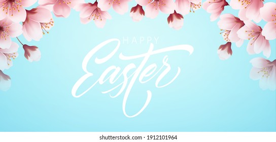 Happy Easter handwriting lettering on background with blooming spring cherry branch. Vector illustration EPS10