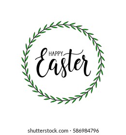 Happy Easter handwritten brush lettering. Greeting card. Floral frame with text. Vector illustration. EPS 8.