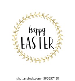 Happy Easter handwritten brush lettering. Greeting card. Floral frame with text. Vector illustration. EPS 8.