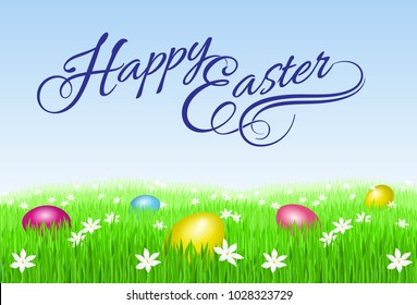 Happy Easter Handwritten Calligraphy Lettering with Colorful Eggs on Green Grass