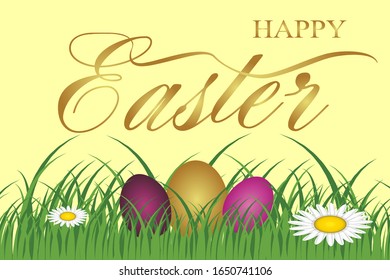 Happy Easter handwritten calligraphy lettering with colorful eggs and grass. Vector illustration.