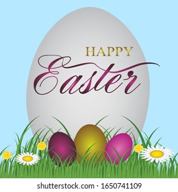 Happy Easter handwritten calligraphy lettering with colorful eggs and grass. Vector illustration.
