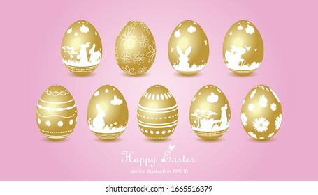 Happy easter with handwritten calligraphy lettering pattern. A rabbit on a golden egg Vector illustration EPS 10.