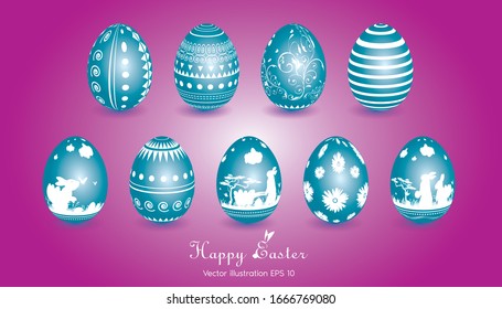Feliz Pascua con el patrón de letras caligráficas escritas a mano. Un conejo en un huevo azul 
 Ilustración del vector EPS 10