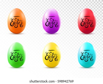 Happy Easter handwritten calligraphy lettering on colorful eggs set isolated on transparent background. Vector illustration.