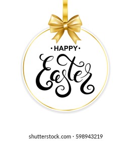 Happy Easter handwritten calligraphy lettering on frame with gold bow. Vector illustration.