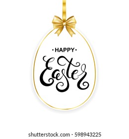 Happy Easter handwritten calligraphy lettering on frame with gold bow. Vector illustration.