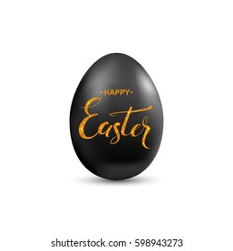 Happy Easter handwritten calligraphy lettering with gold glitter texture on black egg isolated on white background. Vector illustration.