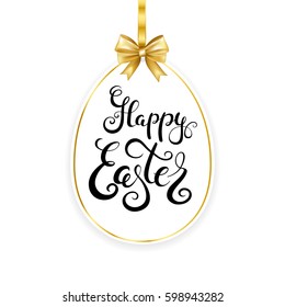 Happy Easter handwritten calligraphy lettering on frame with gold bow. Vector illustration.