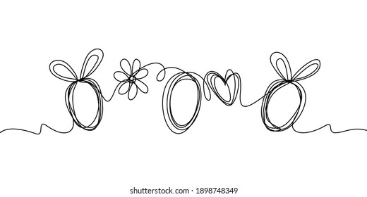 Happy Easter handwritten eggs, heart, flower. Continuous line drawing text design. Vector illustration isolated on white background