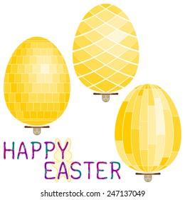 Happy Easter handwritten greeting with gold colored easter eggs on wall stands. White background.