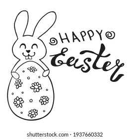 Frohes OSTERN - handgeschriebene Schrift mit süßem komischen Osterhase mit Ei. handgezeichnete Vektorvorlage für Grußkarten, Einladungen, Poster, Feiertagsfarben