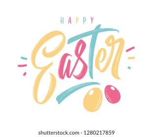 Happy Easter handwritten lettering with Easter eggs. Happy Easter typography vector design for greeting cards and poster. Design template celebration. Vector illustration.