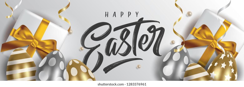 Happy Easter handwritten lettering with Easter eggs. Happy Easter typography vector design for greeting cards and poster. Design template celebration. Vector illustration.