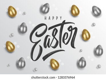 Happy Easter handwritten lettering with Easter eggs. Happy Easter typography vector design for greeting cards and poster. Design template celebration. Vector illustration.