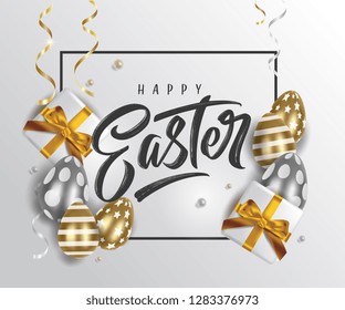 Happy Easter handwritten lettering with Easter eggs. Happy Easter typography vector design for greeting cards and poster. Design template celebration. Vector illustration.