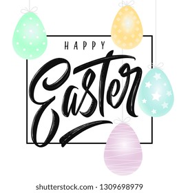 Happy Easter handwritten lettering with Easter eggs. Happy Easter typography vector design for greeting cards and poster. Design template celebration. Vector illustration.