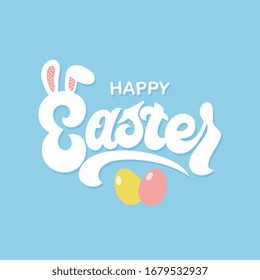 Happy Easter handwritten lettering with Easter eggs. Happy Easter typography vector design for greeting cards and poster. Design template celebration. Vector illustration.