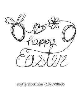Feliz Pascua con letras escritas a mano, huevos, corazón, flor. Diseño continuo de texto de dibujo de línea. Ilustración del vector aislada en fondo blanco