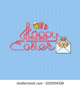 Happy Easter. Handwritten lettering isolated on light blue background. Vector hand drawn calligraphy with abstract Easter eggs and Bunny in envelope. Typographic Design Elements for Greeting Cards.