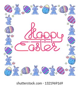 Happy Easter. Handwritten lettering isolated on white background. Vector hand drawn calligraphy with abstract Easter eggs and Bunny. Typographic Design Elements for Greeting Cards.