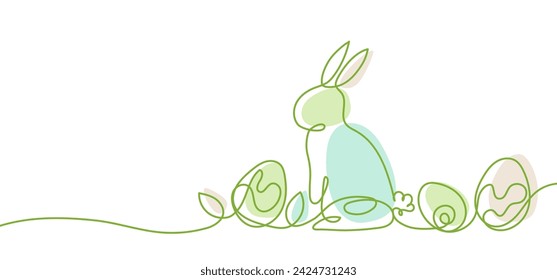 Happy Easter handwritten lettering line design colorful Easter bunny eggs grass white greeting card. Suitable for horizontal posters, greeting cards, or website headers.