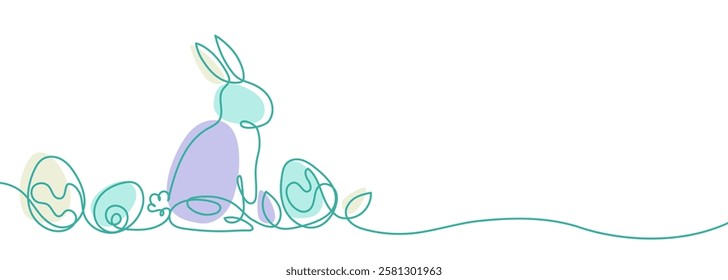 Happy Easter handwritten lettering line design colorful Easter bunny eggs grass white greeting card. Suitable for horizontal posters, greeting cards, or website headers.