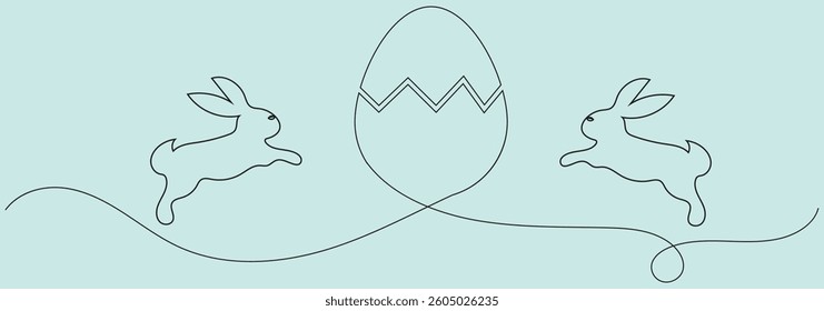 Happy Easter handwritten lettering line design colorful Easter bunny eggs grass white greeting card. Suitable for horizontal posters or website headers. Liner egg. Eps 10