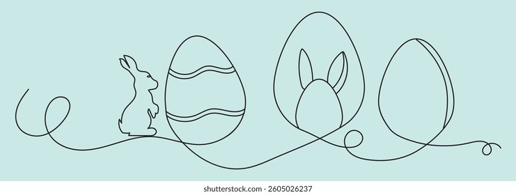 Happy Easter handwritten lettering line design colorful Easter bunny eggs grass white greeting card. Suitable for horizontal posters or website headers. Liner egg. Eps 10
