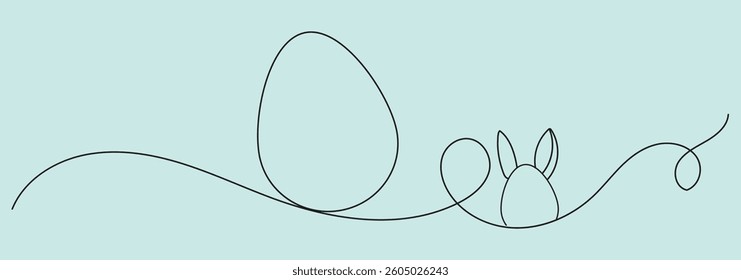 Happy Easter handwritten lettering line design colorful Easter bunny eggs grass white greeting card. Suitable for horizontal posters or website headers. Liner egg. Eps 10