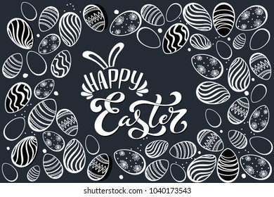 Happy Easter handwritten  lettering typography. Hand drawn design elements. Logos and emblems for invitation, card. Vector illustration.