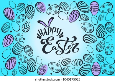 Happy Easter handwritten  lettering typography. Hand drawn design elements. Logos and emblems for invitation, card. Vector illustration.