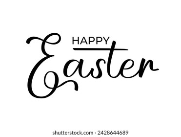 Happy Easter. Handwritten sketched lettering. Typography, text, line design with bunny ears. Lettering sign for banner, label, poster, greeting card, badge. 